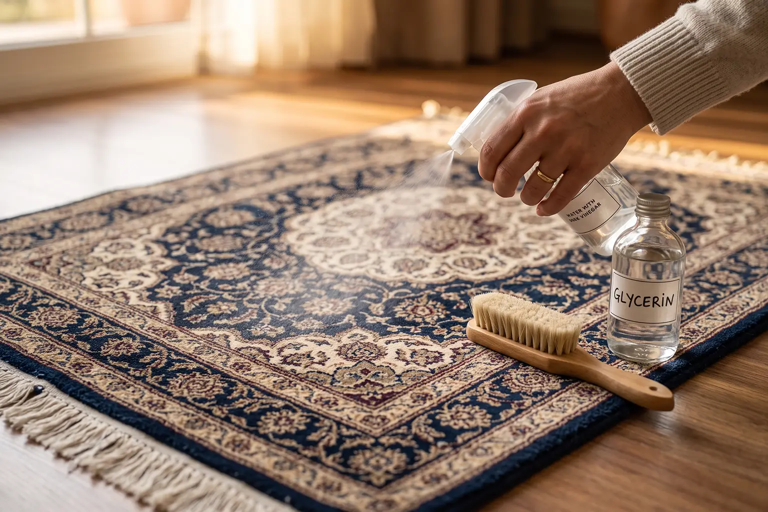 استفاده از محلول سرکه سفید و گلیسیرین برای نرم کردن فرش خشک شده